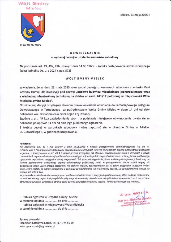 20250526 obwieszczenie budowa budynku mieszkalnego na dz 67117 850