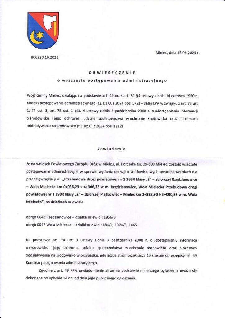 Obwieszczenie o przebudowie drogi powiatowej w kierunku Rzędzianowic i Piątkowca na dz. 484/1, 1074/5, 1465 20250623 obwieszczenie o przebudowie drogi powiatowej wm rzedzianowice i mielec piatkowiec 1 850