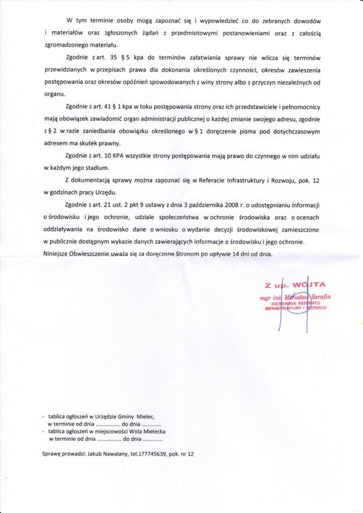 Obwieszczenie o przebudowie drogi powiatowej w kierunku Rzędzianowic i Piątkowca na dz. 484/1, 1074/5, 1465 20250623 obwieszczenie o przebudowie drogi powiatowej wm rzedzianowice i mielec piatkowiec 2 850