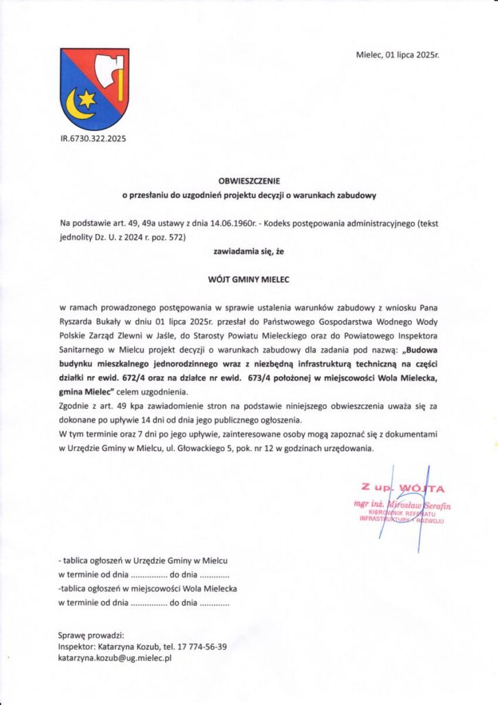 Obwieszczenie o budowie budynku jednorodzinnego na działkach 672/4 i 673/4 20250702 obwieszczenie budowa budynku jednorodzinnego na dz 6724 6734 1