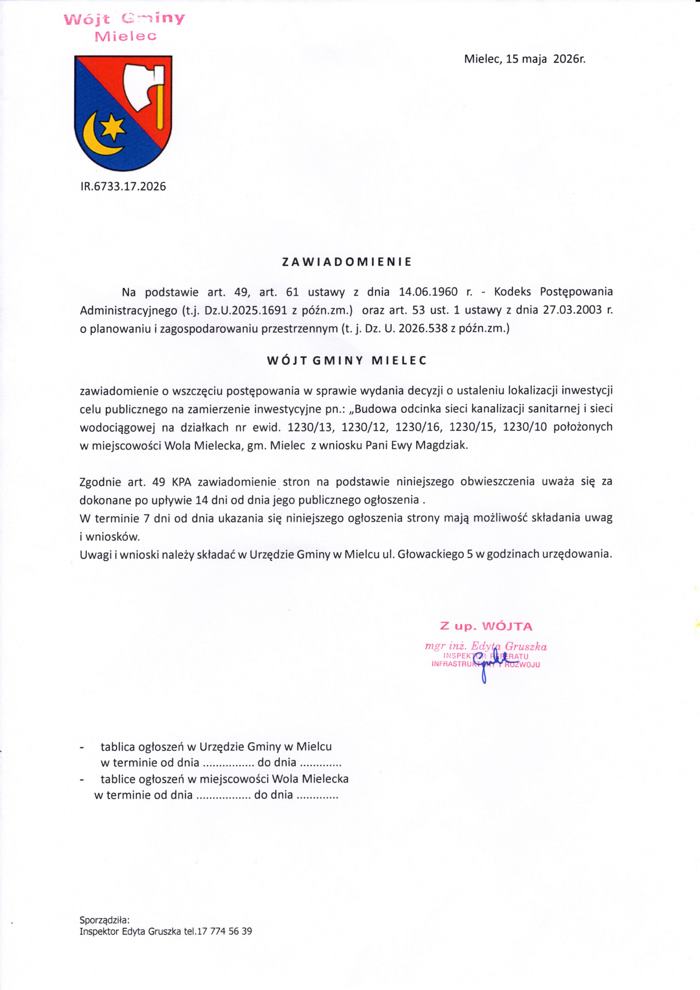 20260518 obwieszczenie budowa sieci wod kan na dz