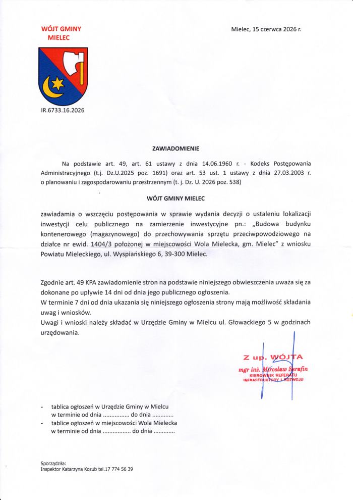 Obwieszczenie budowa budynku kontenerowego na cele przeciwpowodziowe na dz. 1404/3 20260614 obwieszczenie budowa budynku kontenerowego na dz 14043