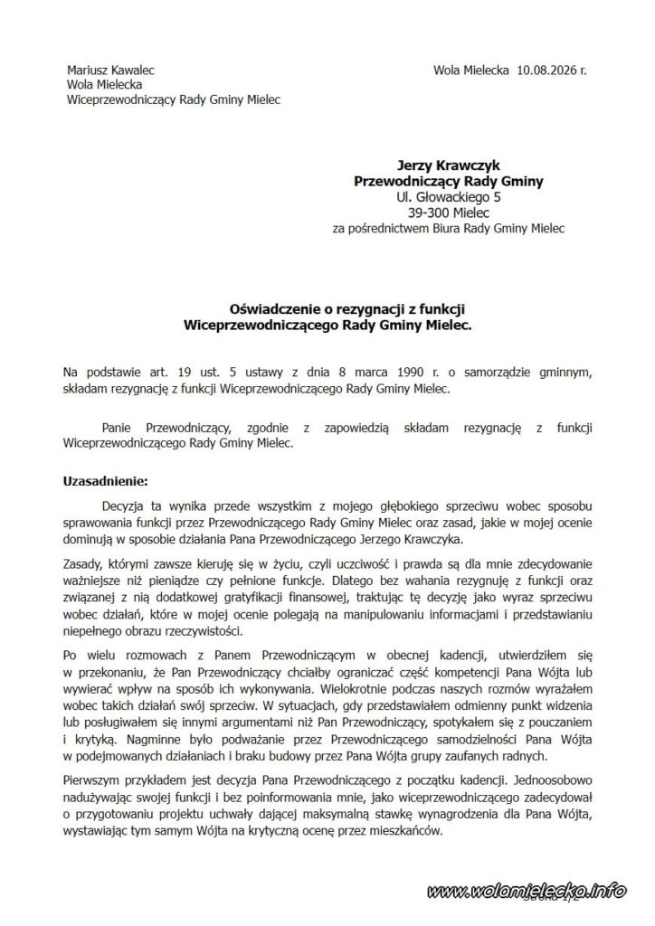 Mariusz Kawalec złożył rezygnację z funkcji Wiceprzewodniczącego Rady Gminy Mielec 20260810 rezygnacja z wiceprzewodniczacego 1