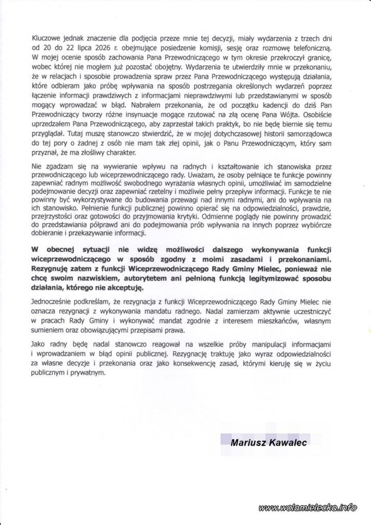 Mariusz Kawalec złożył rezygnację z funkcji Wiceprzewodniczącego Rady Gminy Mielec 20260810 rezygnacja z wiceprzewodniczacego2