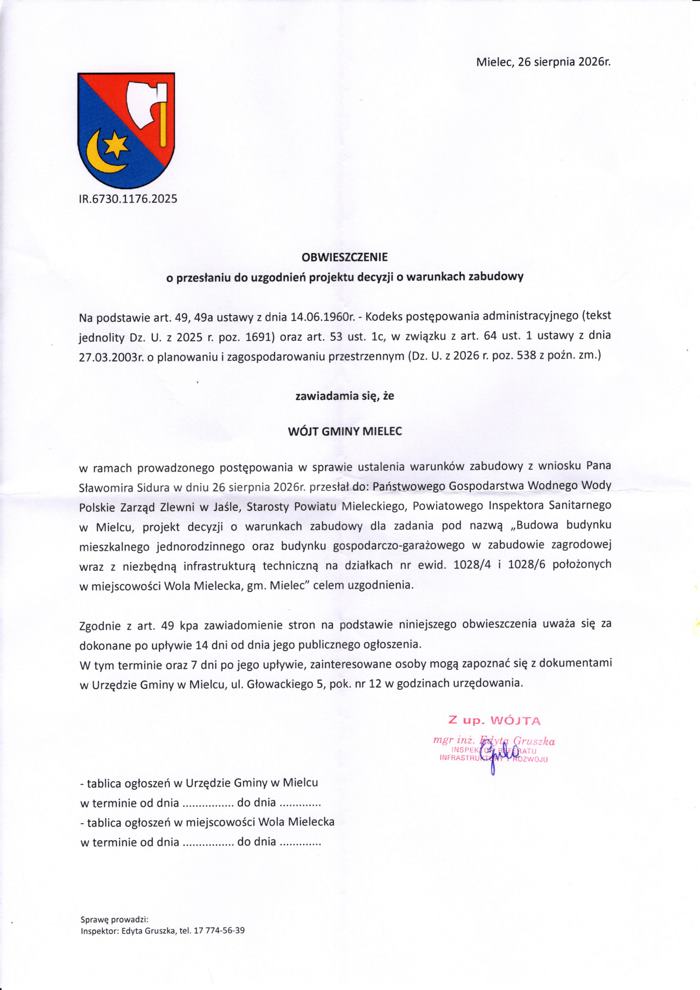 Obwieszczenie budowa budynku mieszkalnego na działkach 1028/4 i 1028/6 20260828 obwieszczenie budowa budynku mieszkalnego na dz 10284 10286 700 obwieszczenia