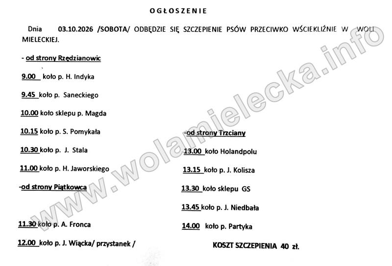 Szczepienie psów w najbliższą sobotę 3.10.2026 w Woli Mieleckiej 2026 szczepienie psow