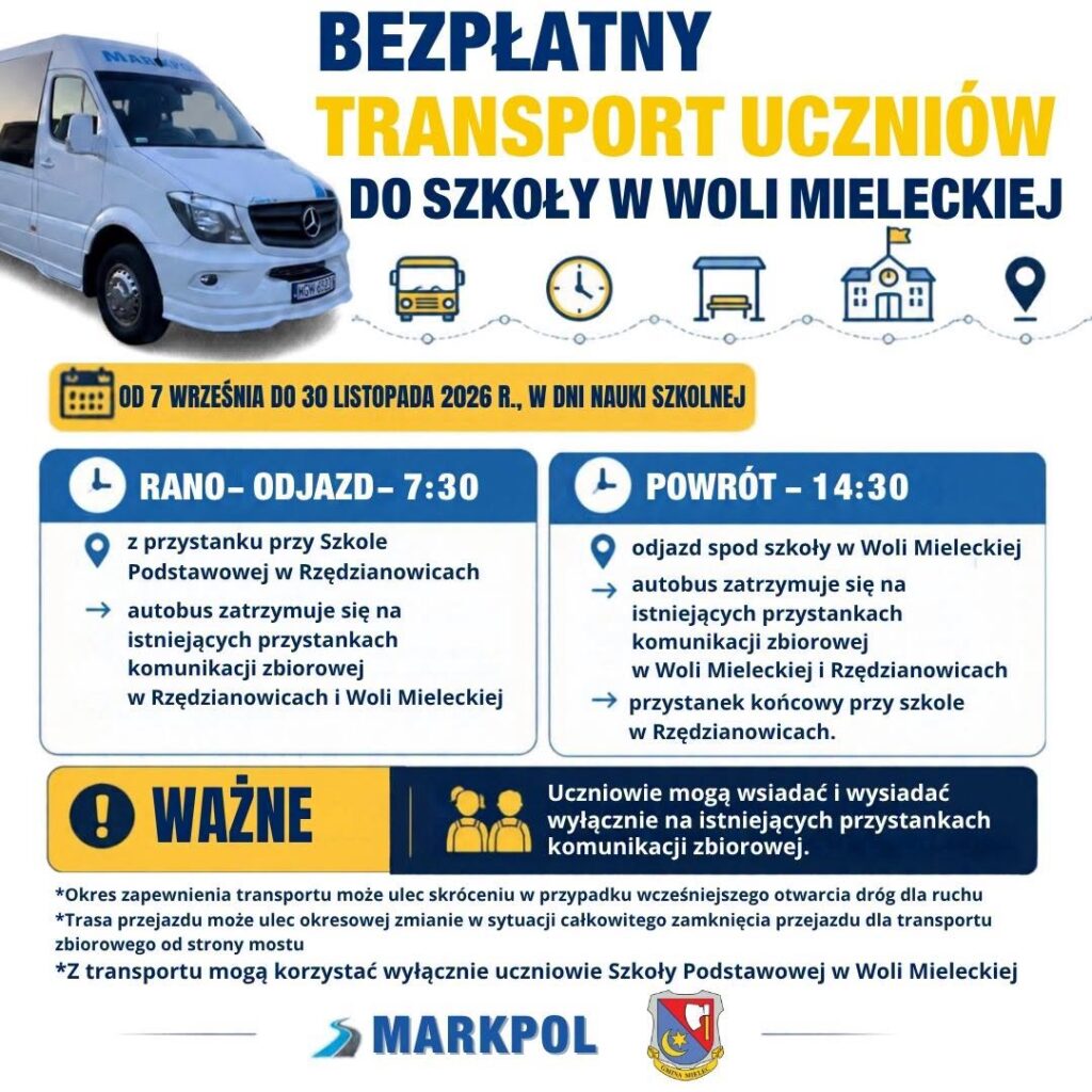 Bezpłatny transport uczniów do szkoły w okresie remontowanych dróg 20260903 transport do szkoly