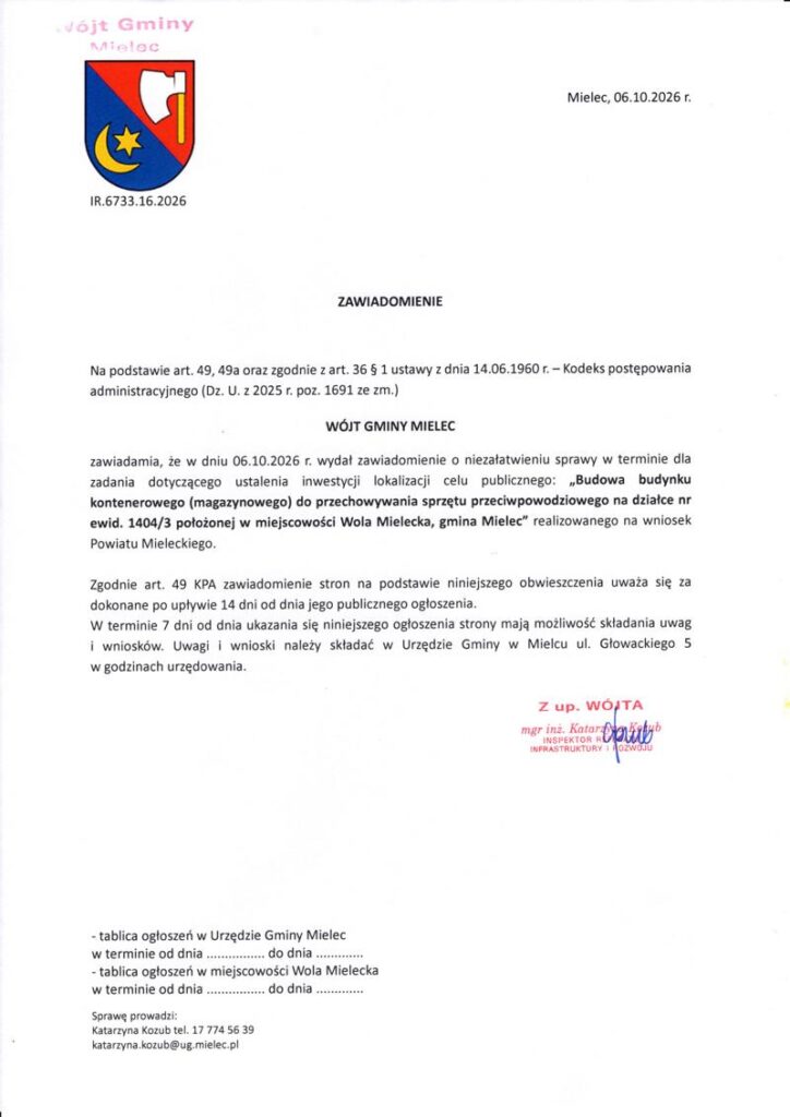 Obwieszczenia. Budowa budynków na działkach 560/3, 1404/3, 1112/1, 1112/2 20261009 obwieszczenie budowa budynku kontenerowego na dz 14043 800