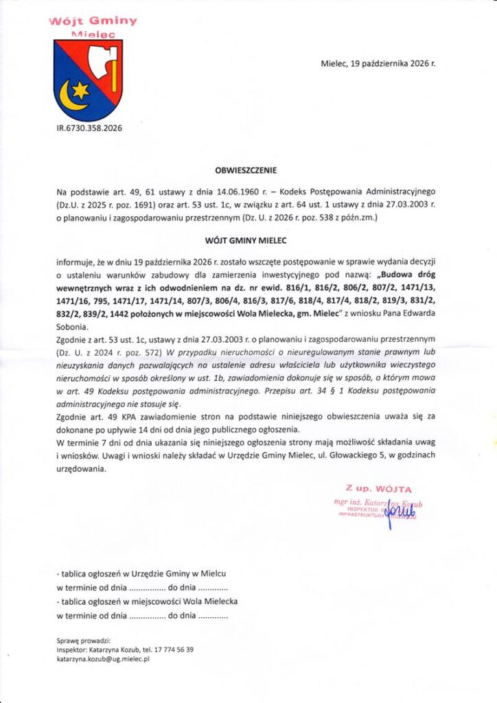 Obwieszczenia budowa dróg wewnętrznych na działkach 816, 807, 806, 1471, 795, 817, 818, 819, 821 20261022 obwieszczenie budowa drog na dz 816x 1471x 807x